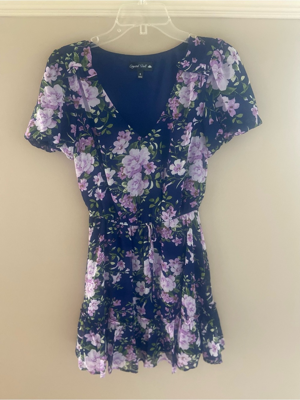 Navy Floral V-Neck Short Sleeve Dress